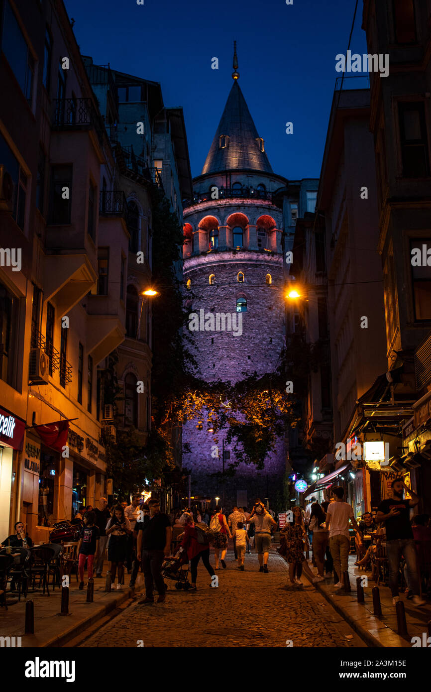 Istanbul, Turkey: night view of Galata Tower (Galata Kulesi or Christea Turris), medieval stone tower built by Genoese in 1348 in the Karakoy quarter Stock Photo