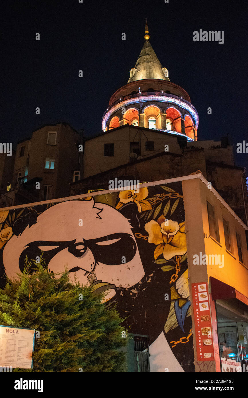 Istanbul, Turkey: night view of Galata Tower (Galata Kulesi or Christea Turris), medieval stone tower built by Genoese in 1348 in the Karakoy quarter Stock Photo