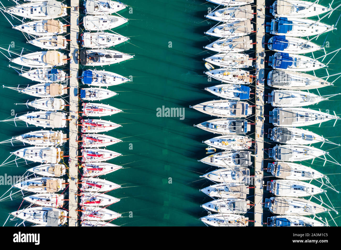 Aerial overhead view of yachts in marina in town of Biograd na Moru, Croatia Stock Photo
