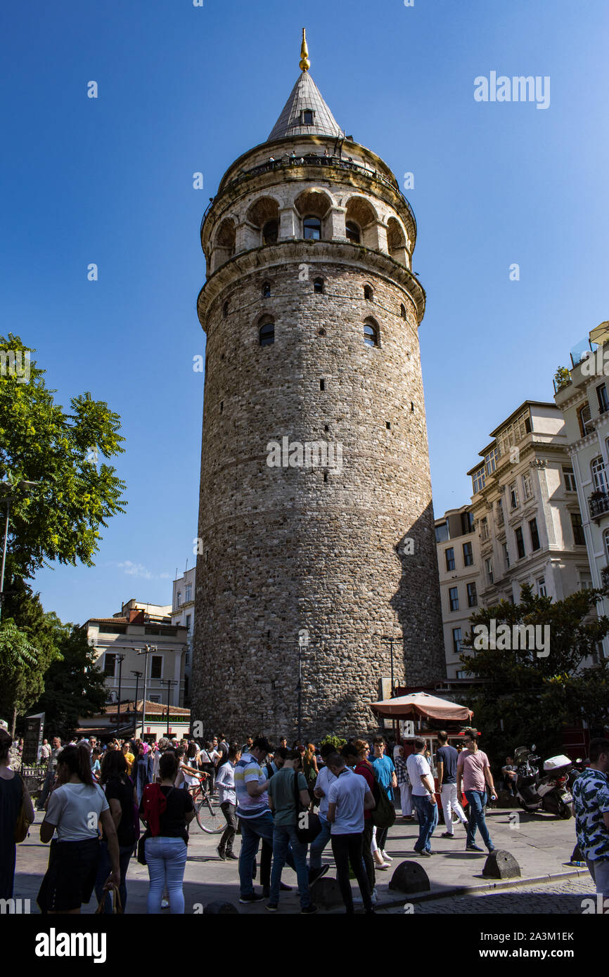 Istanbul, Turkey: the Galata Tower (Galata Kulesi or Christea Turris), the famous medieval stone tower built by Genoese in 1348 in the Karakoy quarter Stock Photo