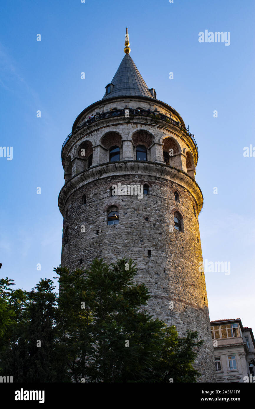 Istanbul, Turkey: the Galata Tower (Galata Kulesi or Christea Turris), the famous medieval stone tower built by Genoese in 1348 in the Karakoy quarter Stock Photo