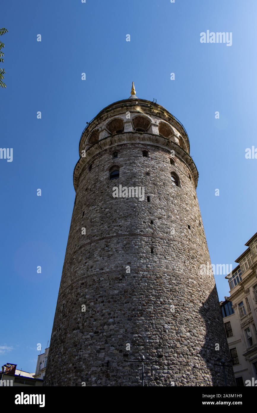 Istanbul, Turkey: the Galata Tower (Galata Kulesi or Christea Turris), the famous medieval stone tower built by Genoese in 1348 in the Karakoy quarter Stock Photo