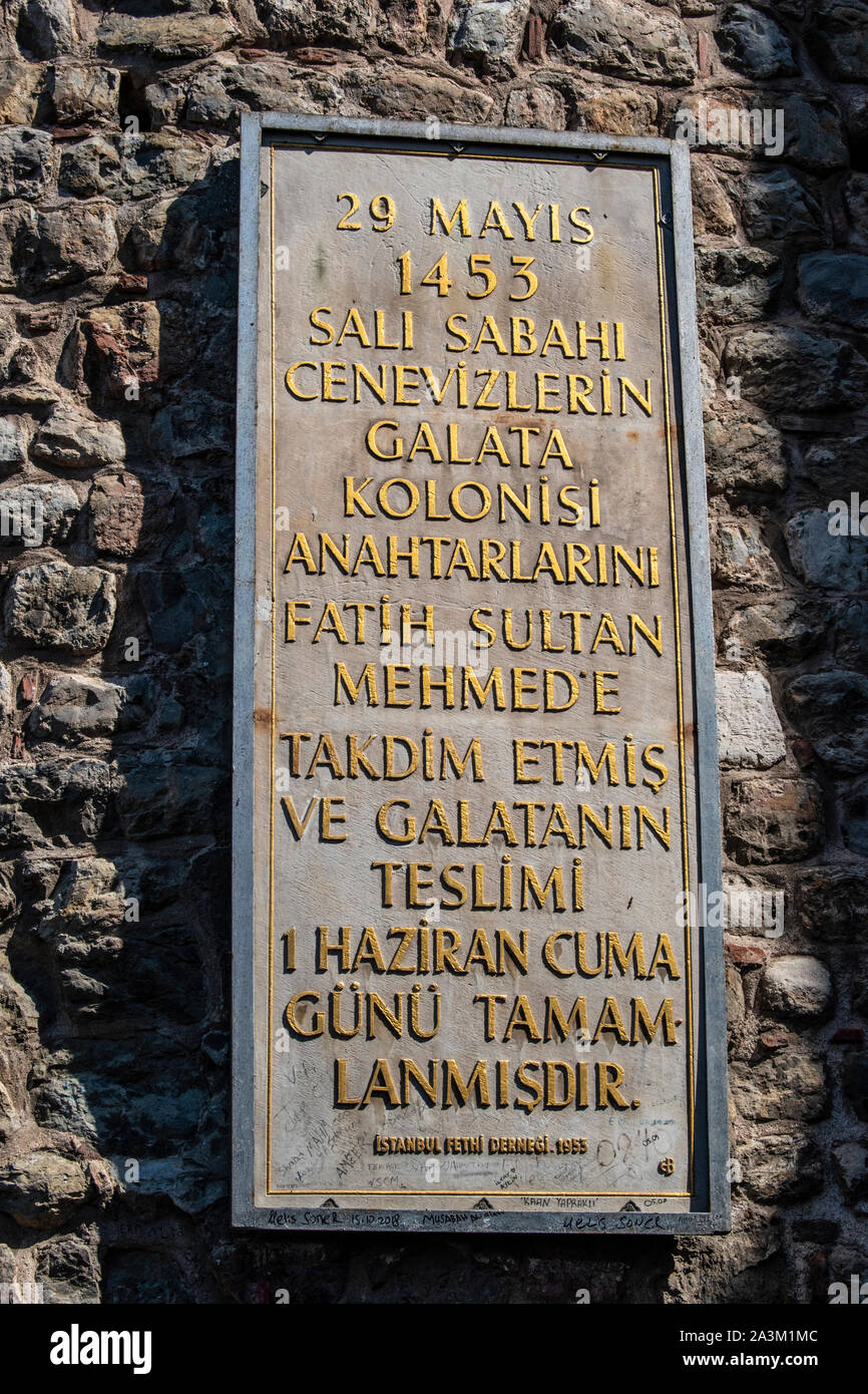 Istanbul: the sign on the Galata Tower (Galata Kulesi or Christea Turris), medieval stone tower built by Genoese in 1348 in the Karakoy quarter Stock Photo