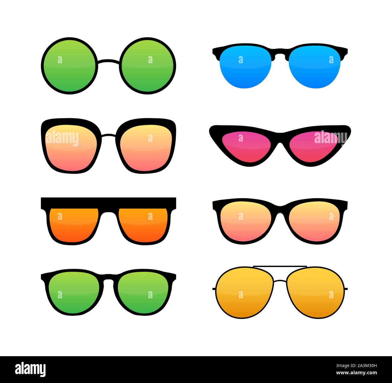 Colored Sunglass frame set isolated on white background. Vector illustration. Stock Vector