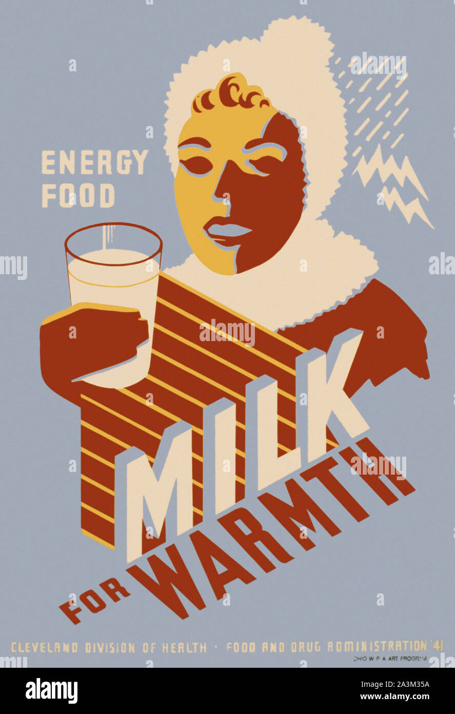 Milk for warmth - Work Progress Administration - Federal Art Project -  Vintage poster 1941 - Stock Photo
