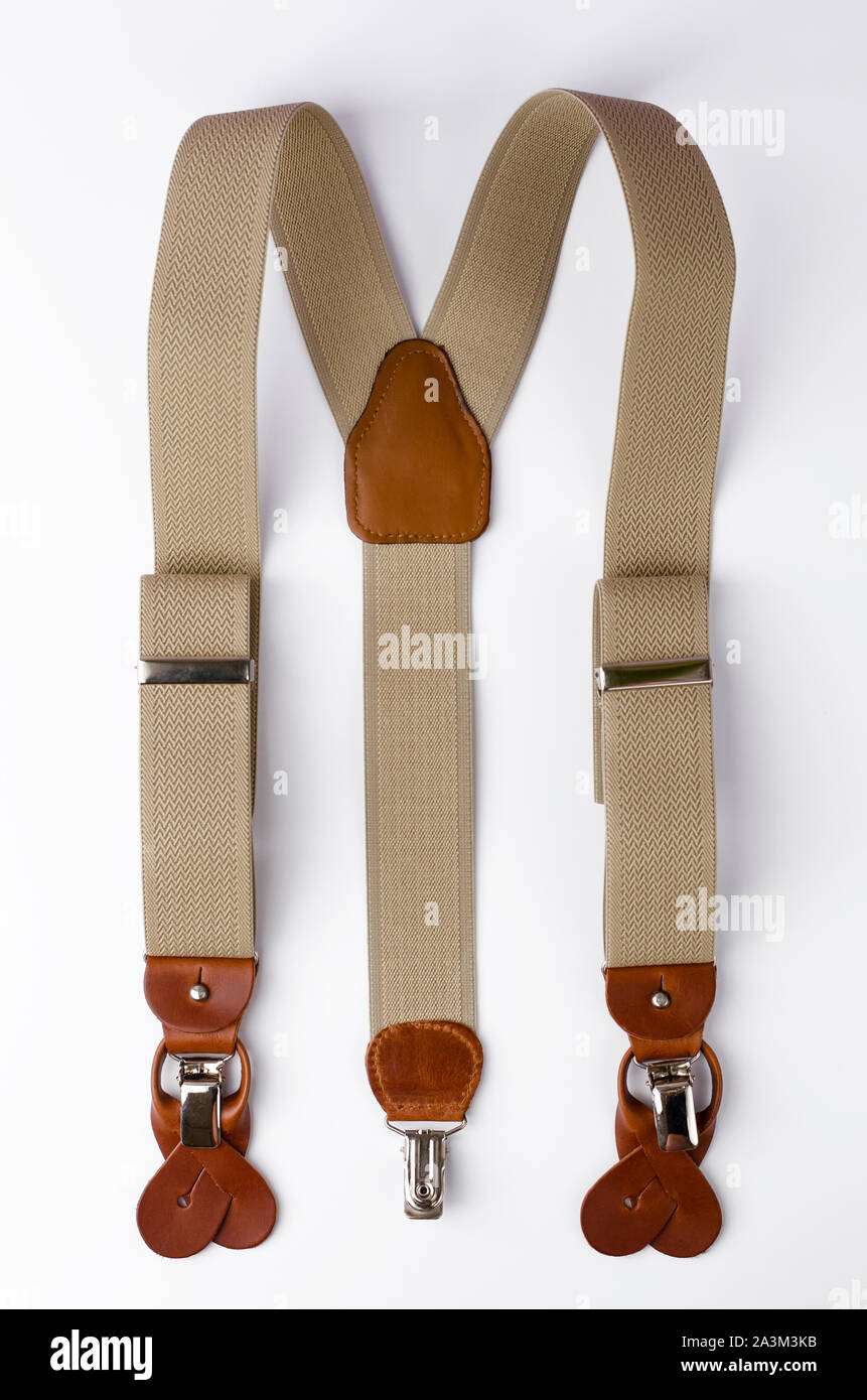 Suspenders, Men's accessories on white background. Top view,vertical Stock Photo