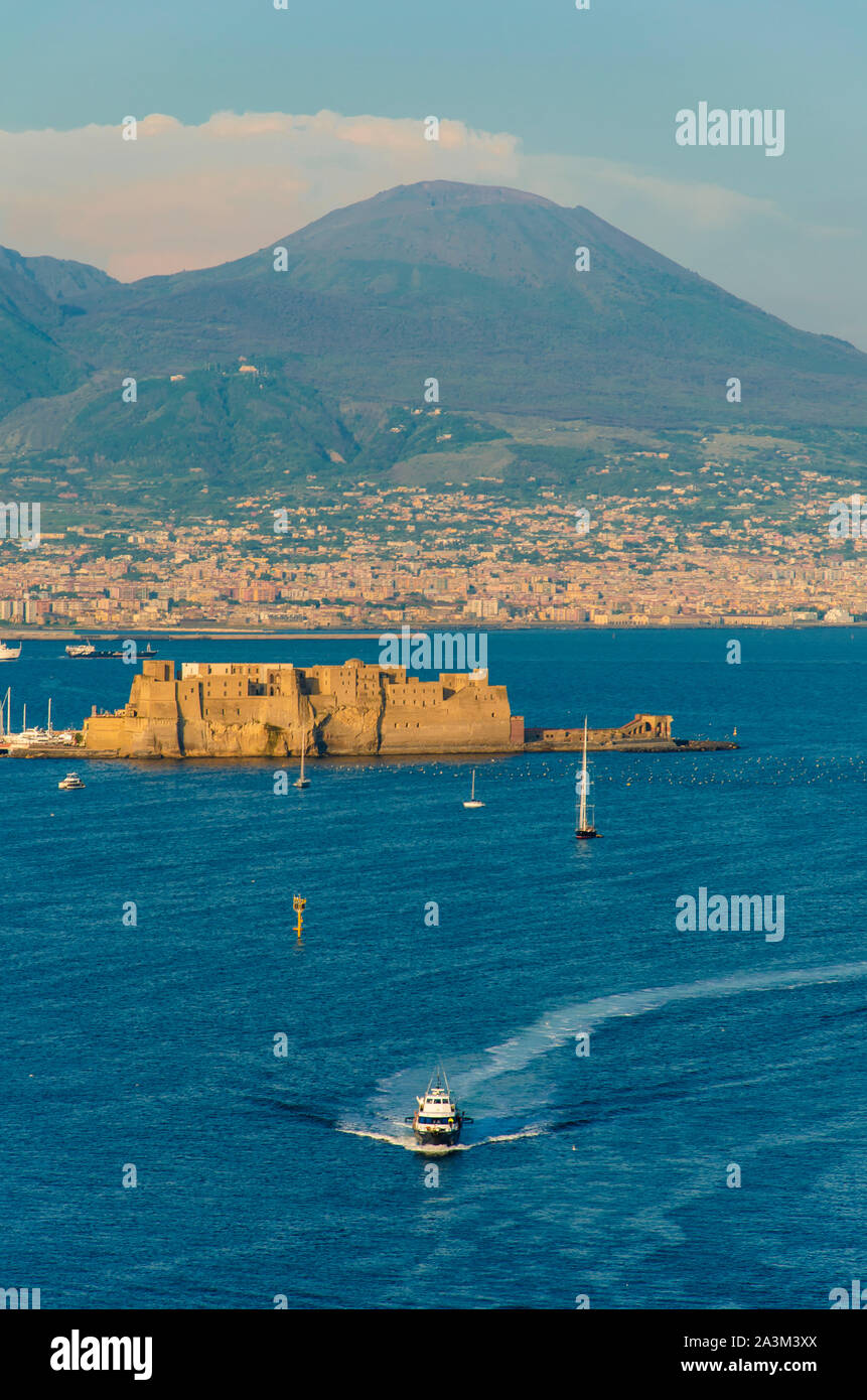 View of the coast in Naples and medieval Castel dell'Ovo. Egg castle. Panoramic view. Tourism in Italy concept Stock Photo