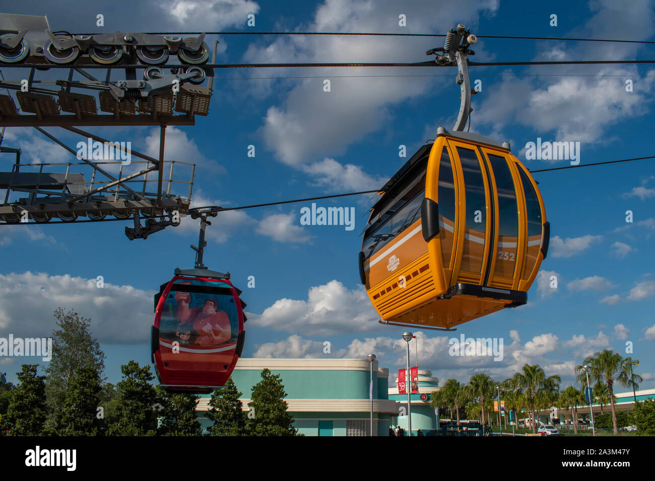 Orlando, Florida. September 27, 2019.   People traveling in themed gondola with iconic Disney Characters in Hollywood Studios area Stock Photo