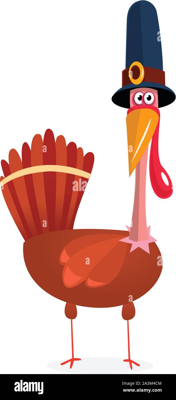 Cartoon illustration of a happy cute turkey wearing a pilgrim hat ...