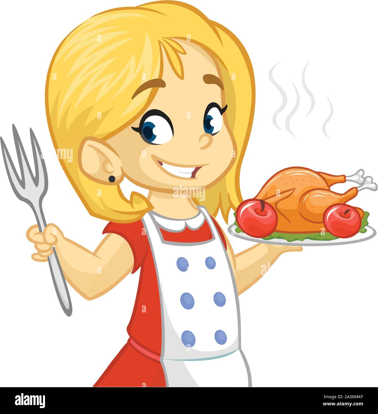 Cartoon cute little blond girl in apron serving roasted thanksgiving turkey. Vector poster illustration isolated. Thanksgiving design Stock Vector