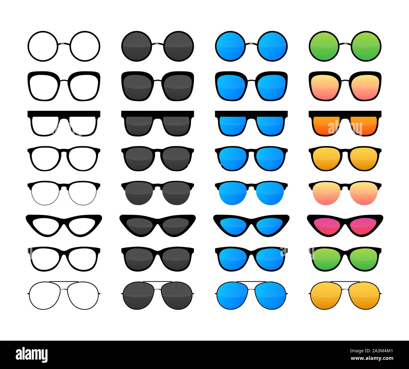 Colored Sunglass frame set isolated on white background. Vector illustration. Stock Vector