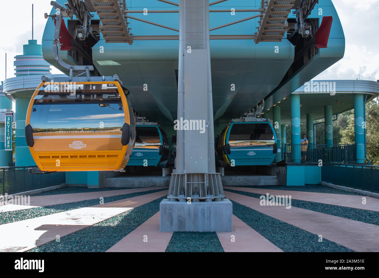 Orlando, Florida. September 27, 2019. Theme gondolas in Disney Skyliner station at Hollywood