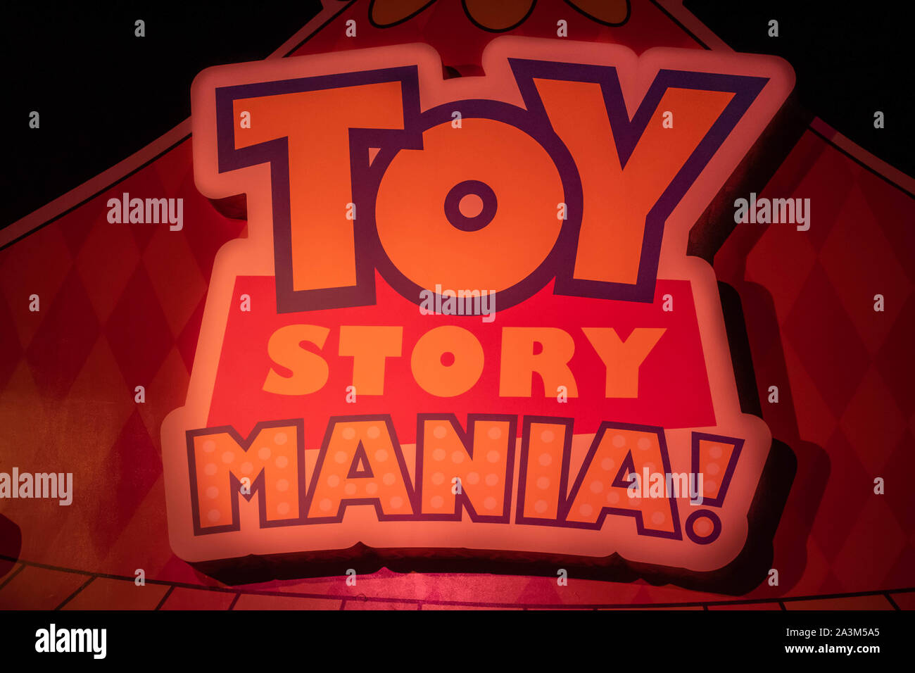 Orlando, Florida. September 27, 2019. Top view of Toy Story Mania sign at Hollywood Studios Stock Photo