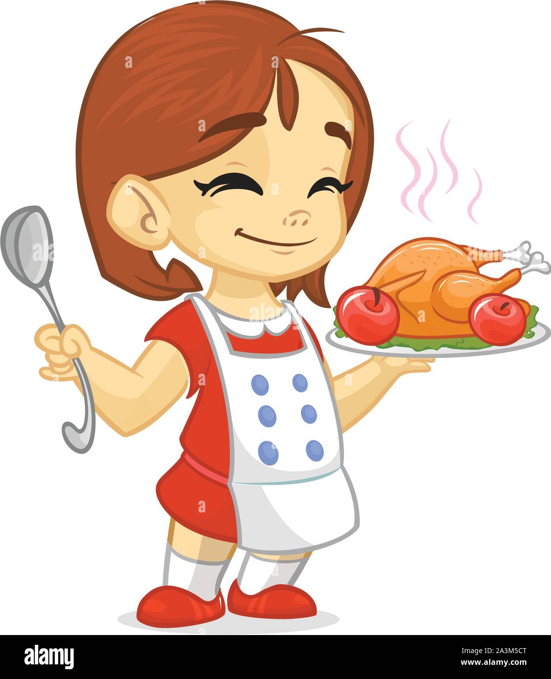 Cartoon cute little girl in apron serving roasted thanksgiving turkey dish holding a tray and spoon. Vector illustration isolated. Thanksgiving design Stock Vector