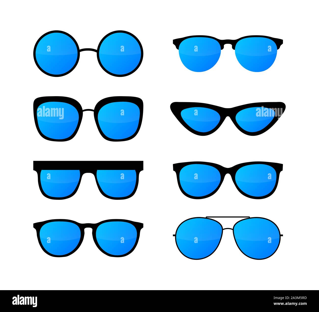 Colored Sunglass frame set isolated on white background. Vector illustration. Stock Vector