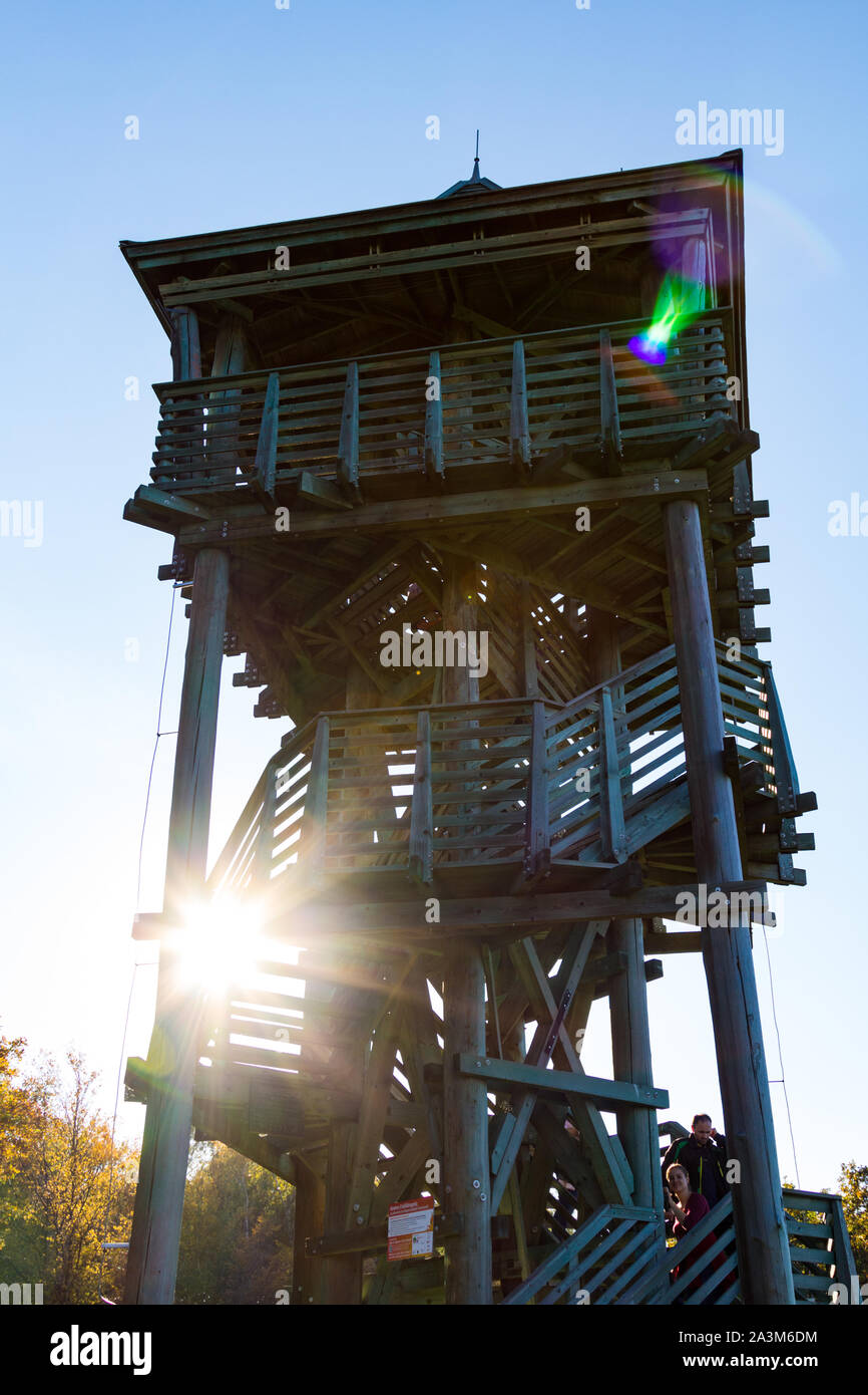 Low angle view of Magas-berc kilato (lookout observation tower), the highest peak (557 meters) of Soproni-hegyseg, Sopron, Hungary Stock Photo