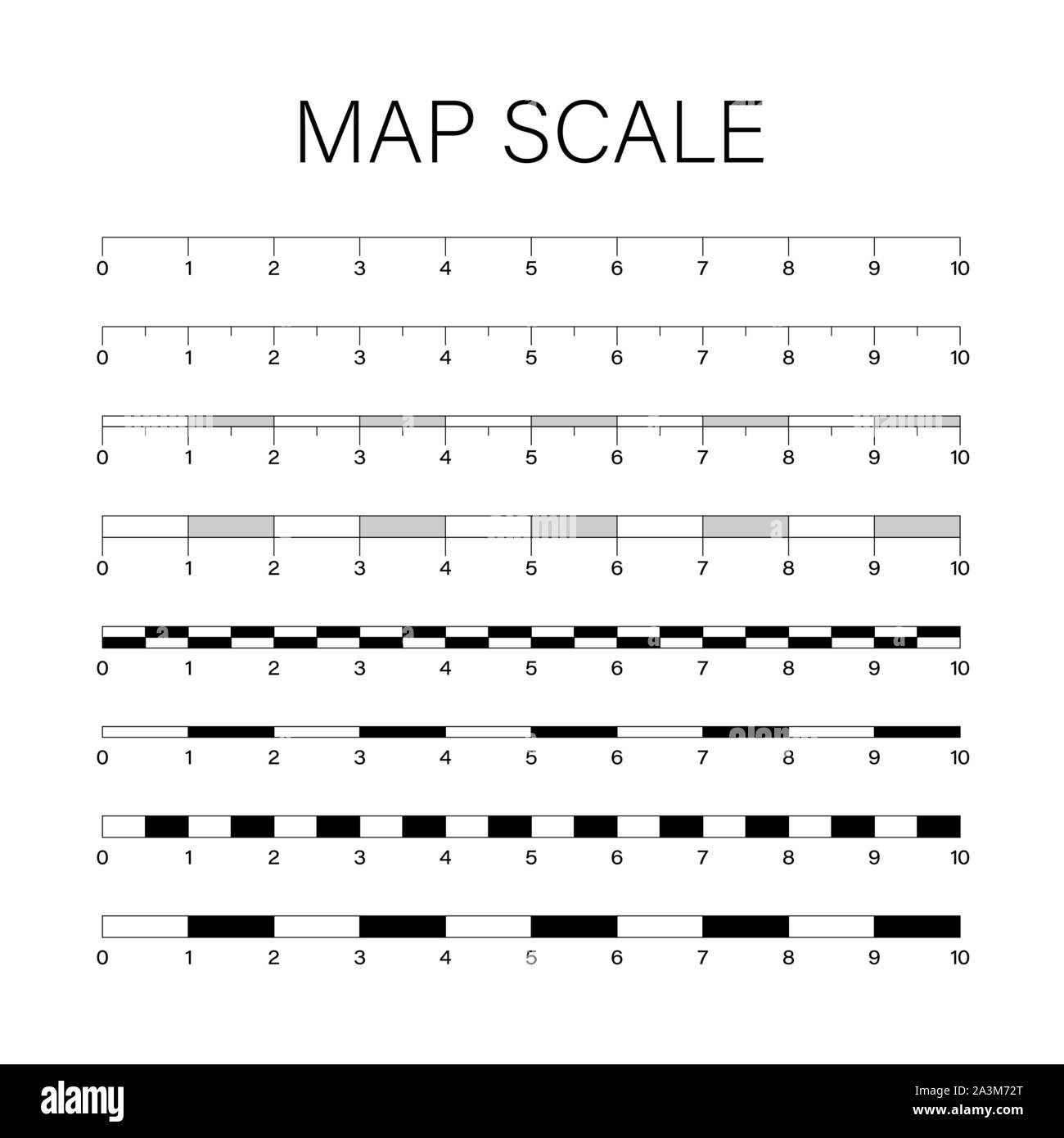 Map scales graphics for measuring distances. Vector stock illustration. Stock Vector