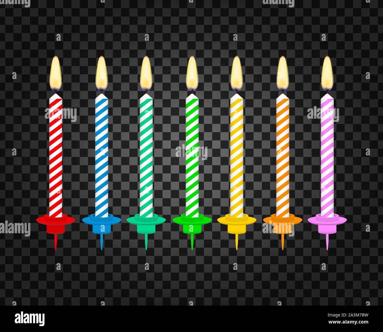 Candles with burning flames of wax paraffin. Birthday cake candles