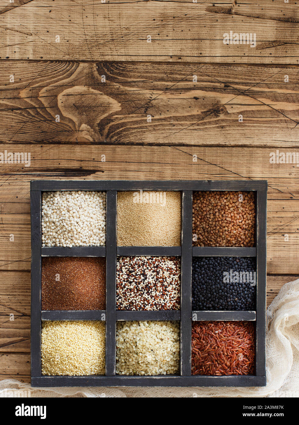 Gluten free grains buckwheat, black lentils, amaranth, quinoa, hemp