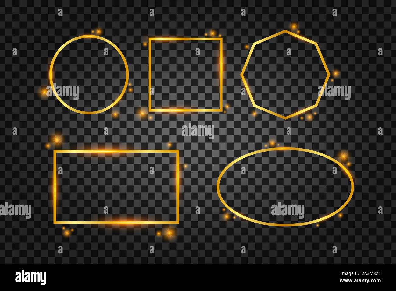Vector golden frame with lights effects. Rectangle banner. Glowing magic frame. Vector stock illustrtaion. Stock Vector
