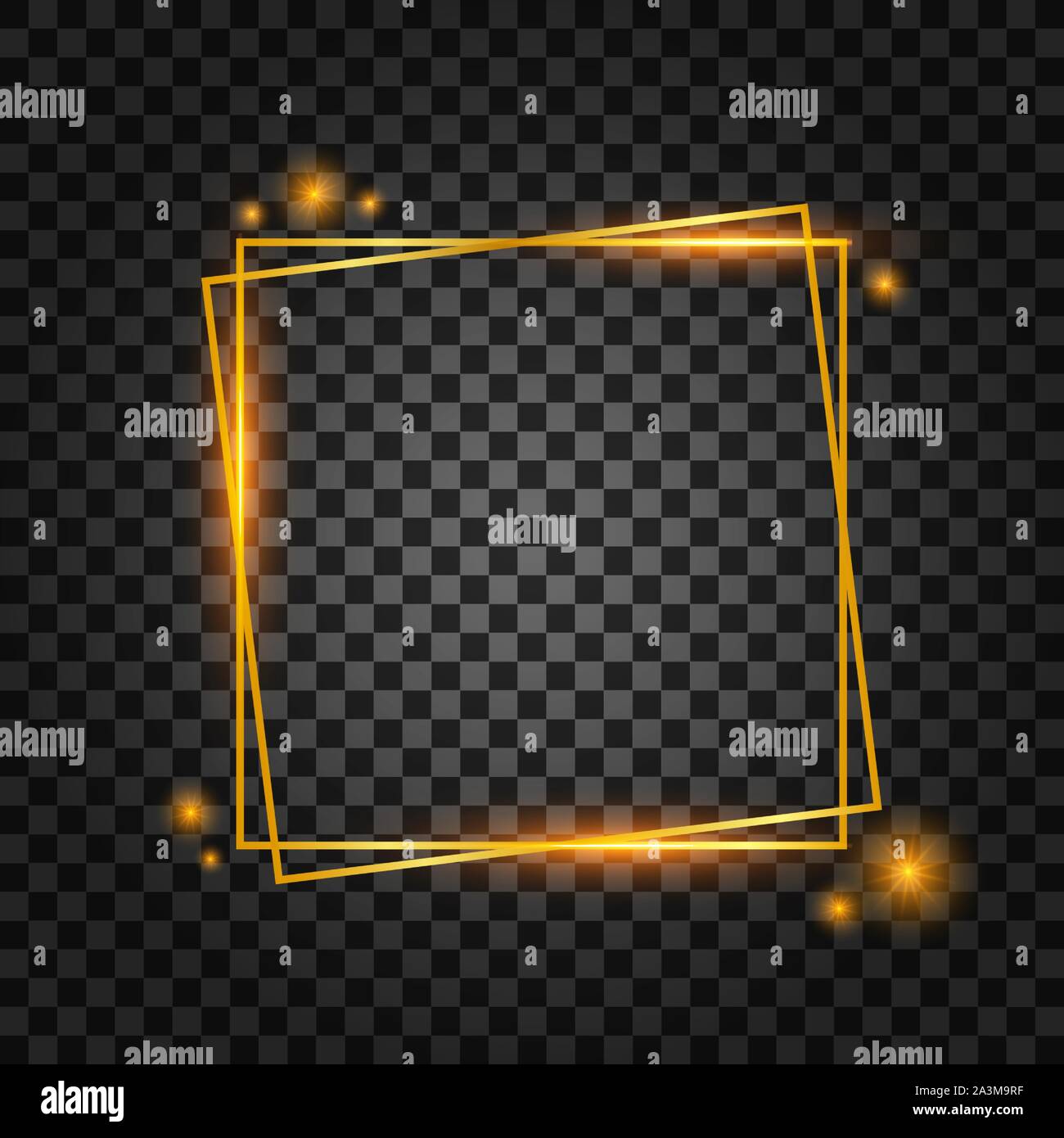 Vector golden frame with lights effects. Rectangle banner. Glowing magic frame. Vector stock illustration. Stock Vector
