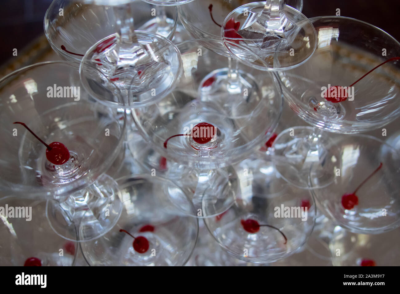 Empty glasses with cherries, wedding decoration Stock Photo