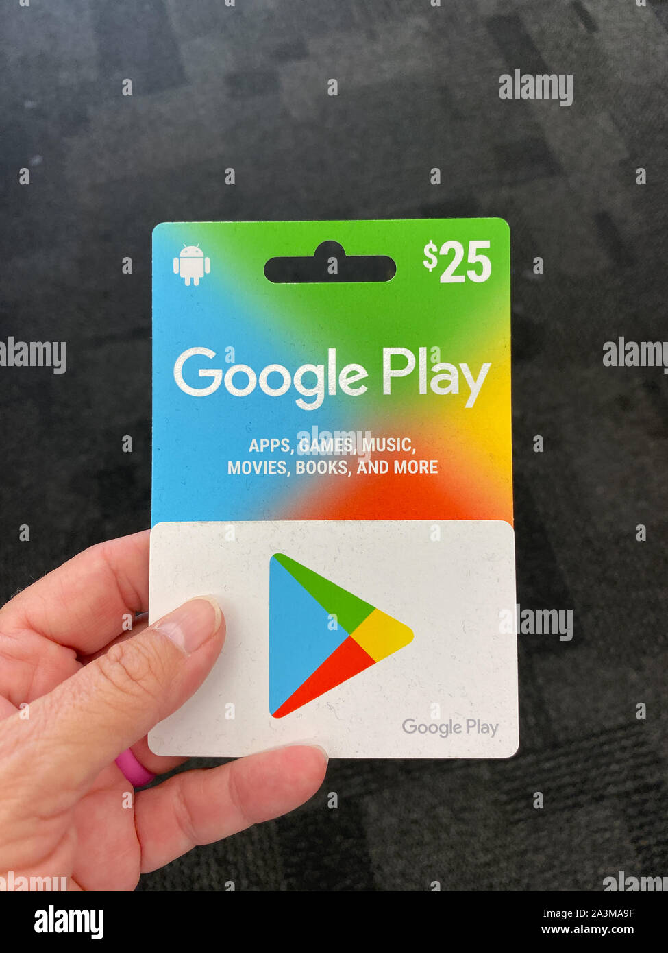 Orlando,FL/USA-10/7/19: A Google Play gift card ready for a person to purchase as the perfect gift for a family member or friend. Stock Photo