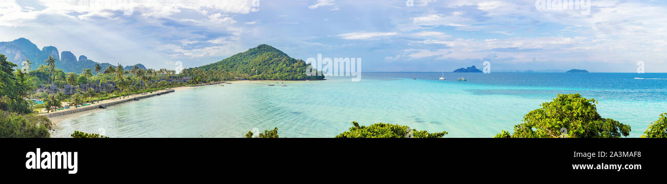 Phi Phi island sunny panorama from viewpoint on mountain Stock Photo