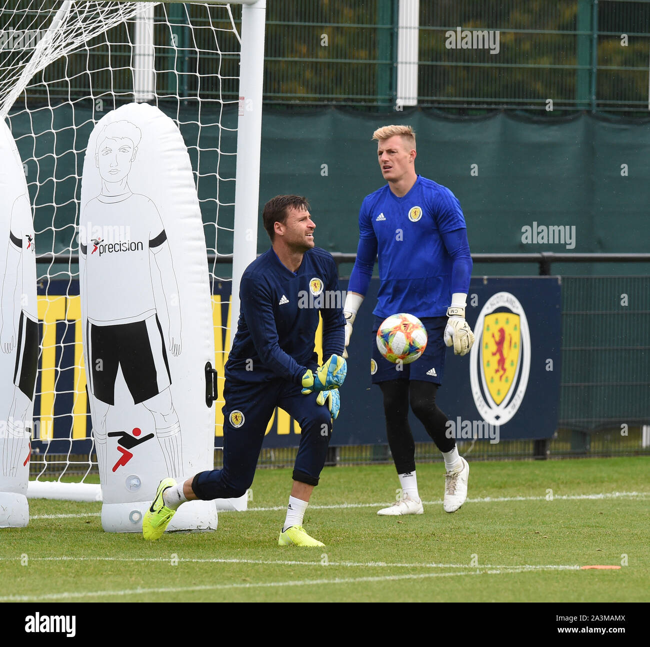 Edinburgh, Scotland, UK. 09th Oct, 2019. L/r Scotland goalkeepers David Marshall (Wigan Athletic) & Craig MacGillivray (Portsmouth) during Training session at the Oriam, Riccarton, Edinburgh before flying out to Moscow for UEFA EURO 2020 Qualifier fixture against Russia at the Luzhniki Stadium Thursday 10th Oct 19. Credit: eric mccowat/Alamy Live News Stock Photo