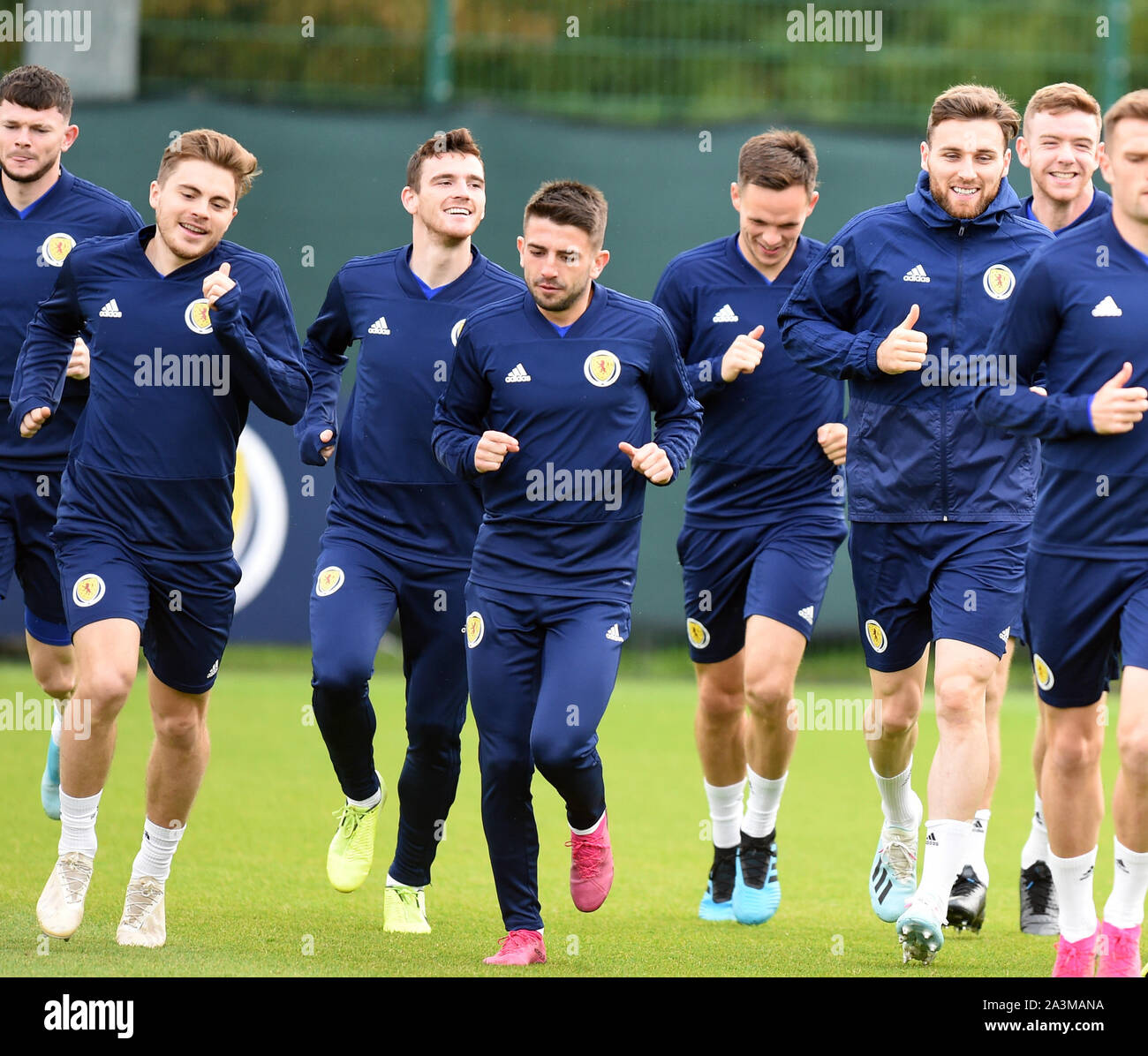 Edinburgh, Scotland, UK. 09th Oct, 2019. Scotland L/r Oliver Burke, James Forrest, Andy Robertson, Greg Taylor, Lawrence Shankland, Stephen O'Donnell & Stuart Findlay Training session at the Oriam, Riccarton, Edinburgh before flying out to Moscow for UEFA EURO 2020 Qualifier fixture against Russia at the Luzhniki Stadium Thursday 10th Oct 19. Credit: eric mccowat/Alamy Live News Stock Photo