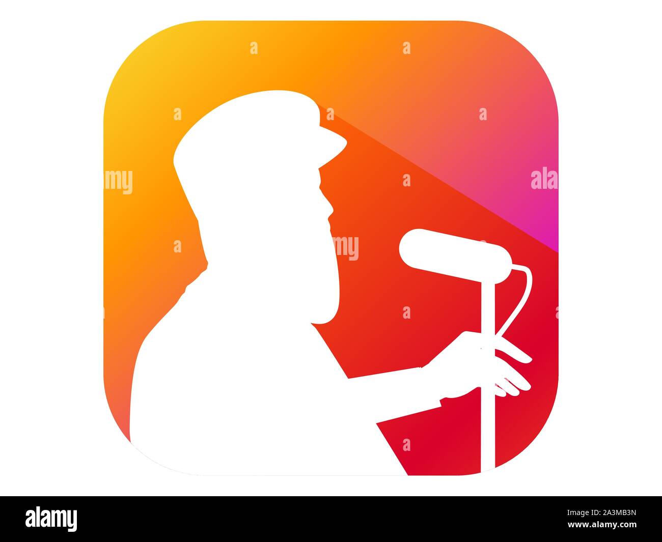 Man speaks into the microphone from the podium, flat style icon with long shadow. Gradient background. Vector illustration Stock Vector