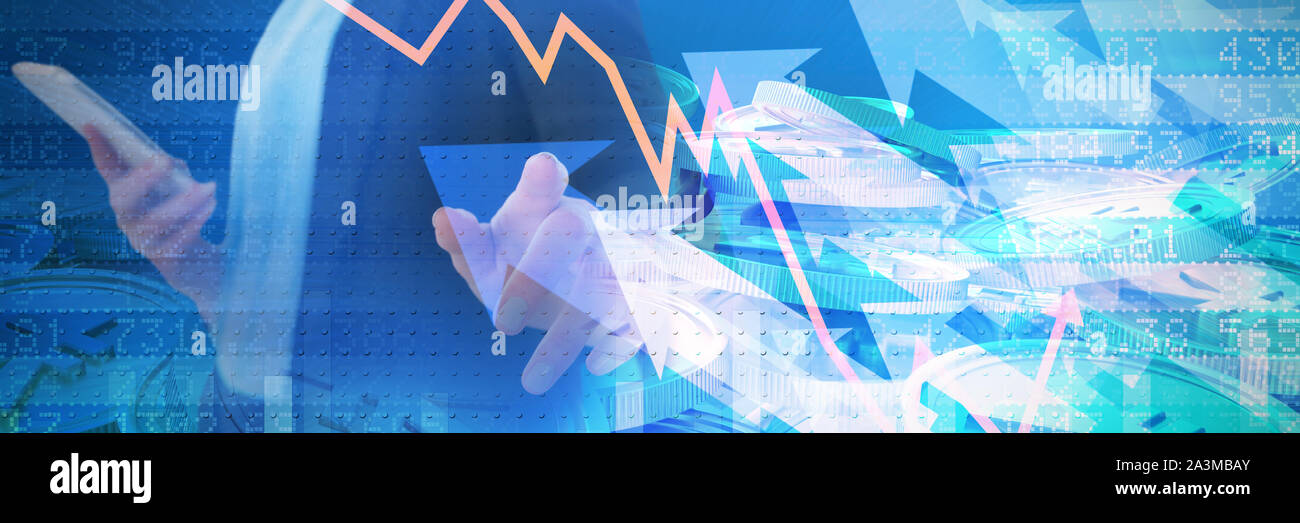 Composite image of mid section of businesswoman using mobile phone while using imaginary interface Stock Photo