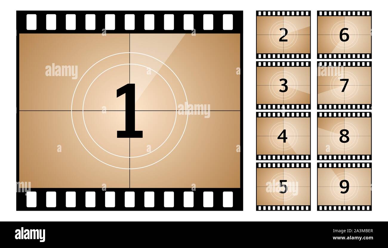 Vintage retro cinema. Countdown frame. Art design. Old film movie timer count. Vector stock illustration. Stock Vector
