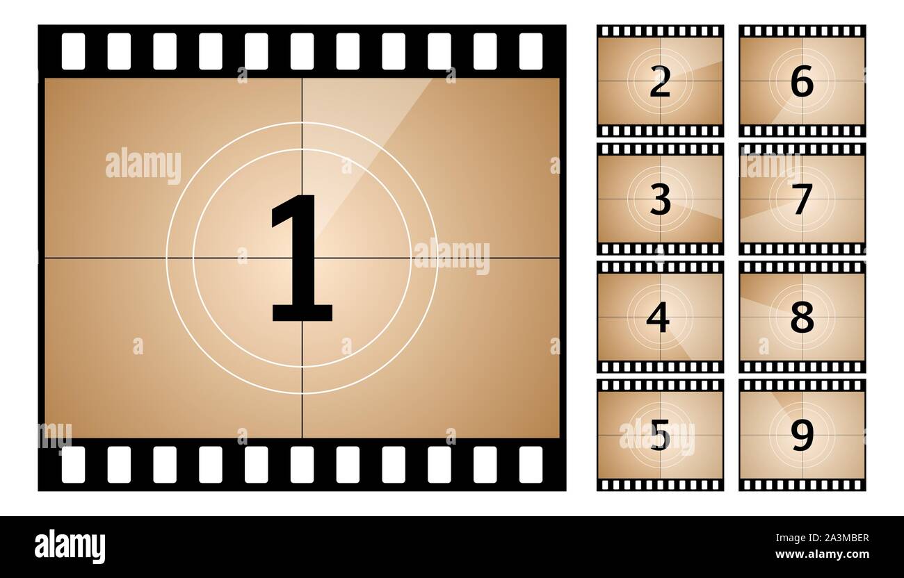 Vintage retro cinema. Countdown frame. Art design. Old film movie timer