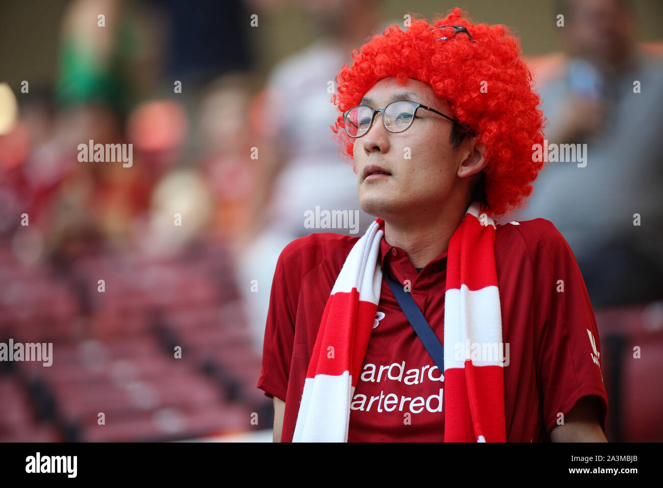 MADRID, SPAIN - JUNE 01, 2019: Liverpool fans pictured during the final of the 2019/20 UEFA Champions League Final. Stock Photo