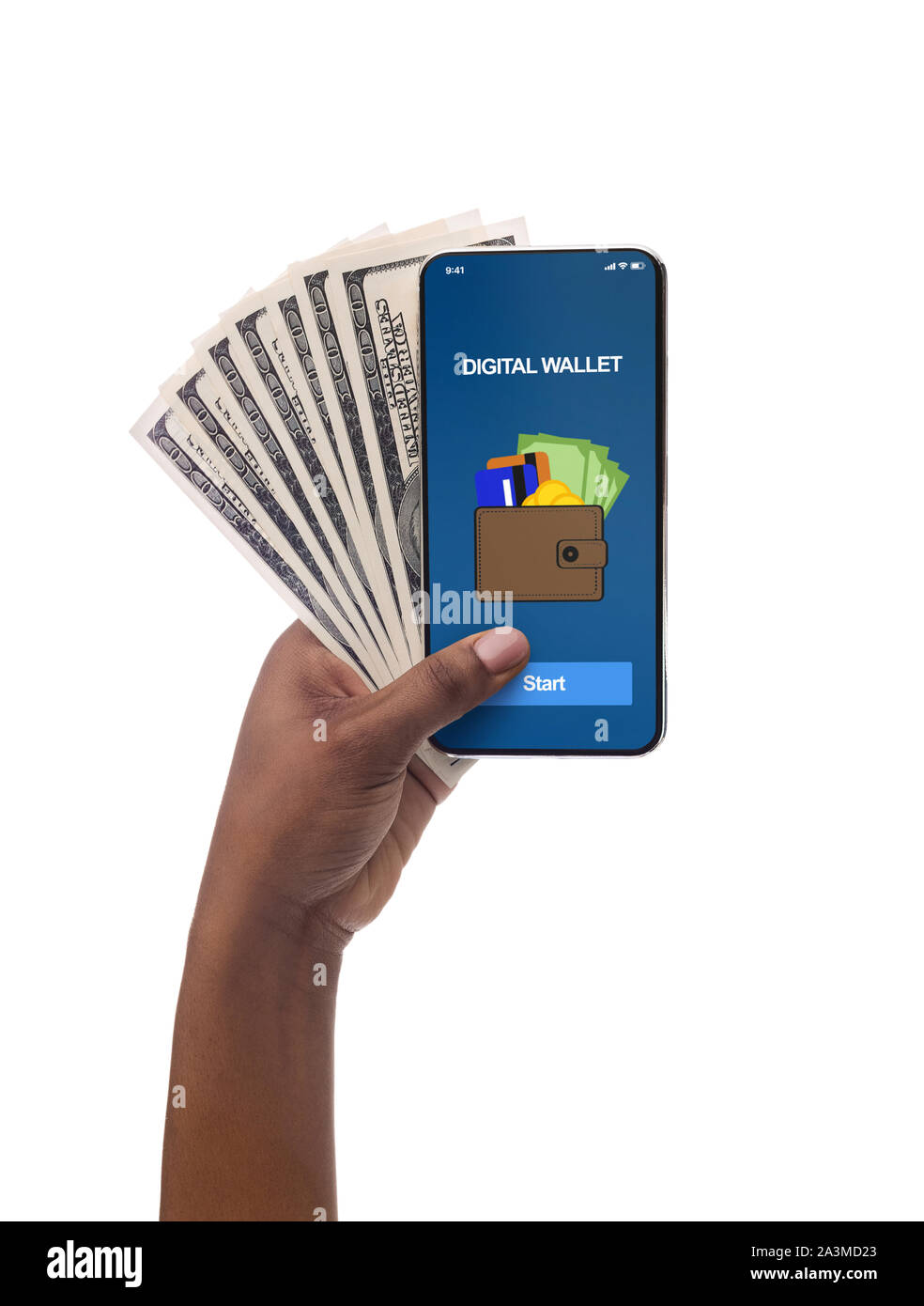Woman holding smartphone with digital wallet application and dollar cash Stock Photo