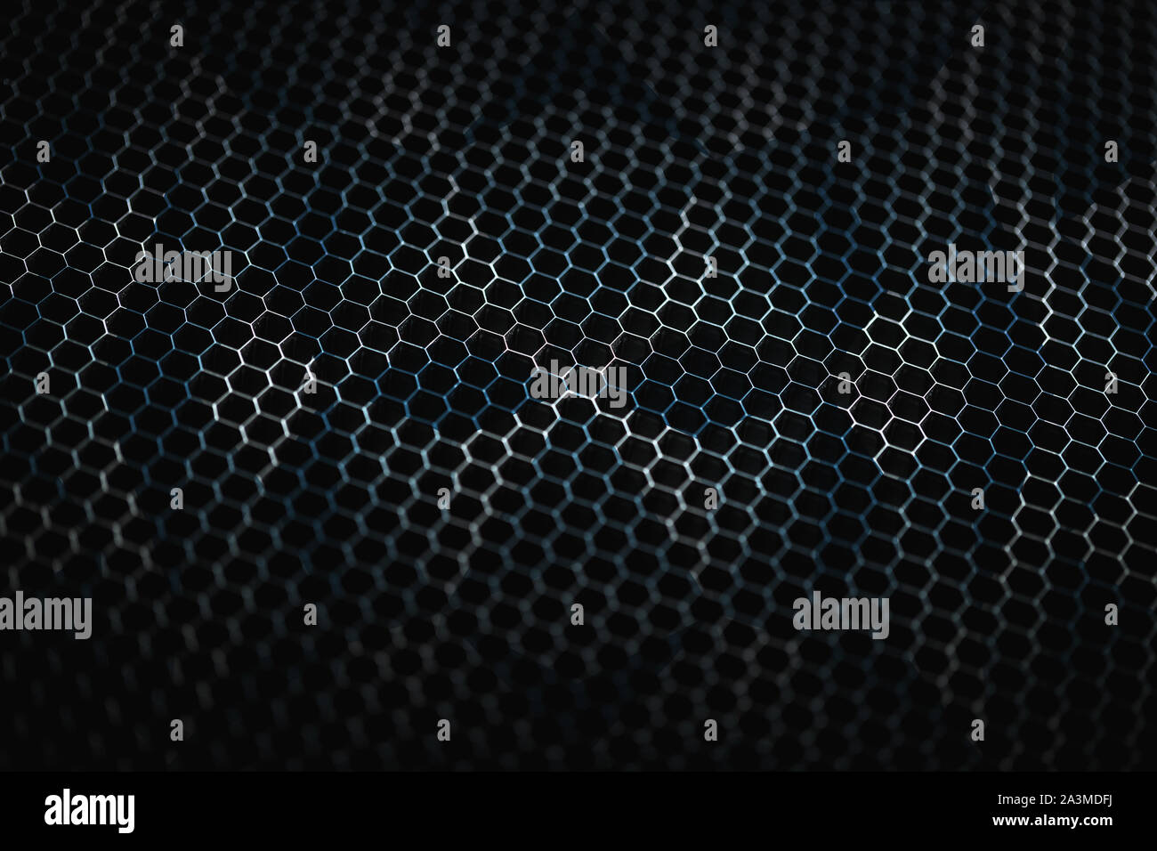 Perforated sheet metal texture with abstract blue geometric background. Stock Photo
