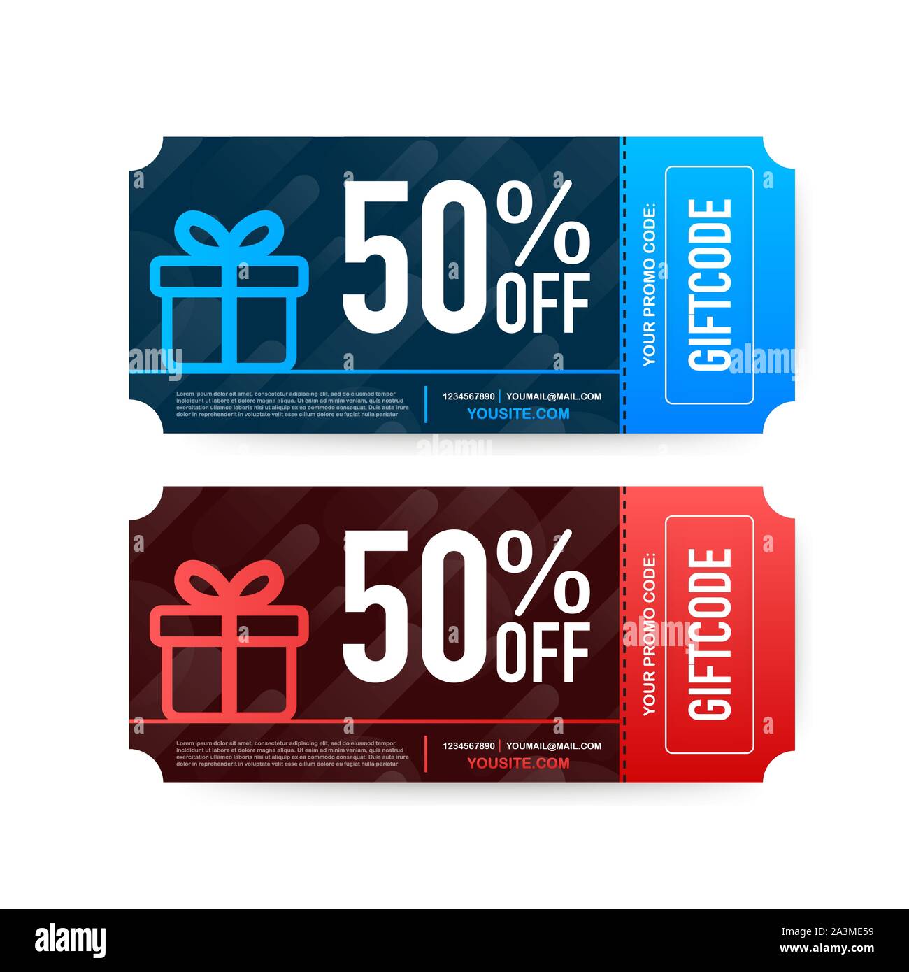 Template red and blue gift card. Promo code. Vector Gift Voucher with Coupon  Code. Vector stock illustration Stock Vector Image & Art - Alamy