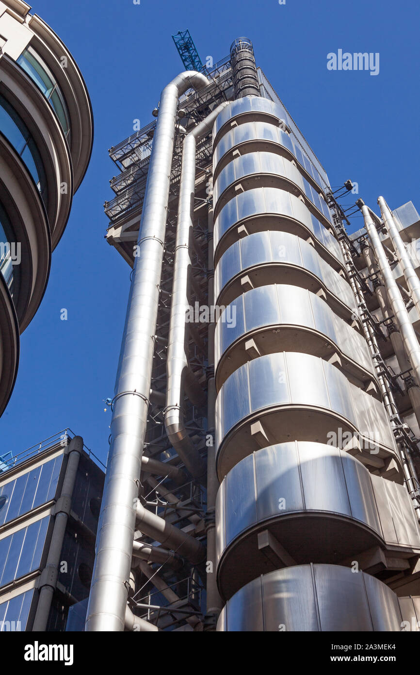 City of London.  A section of Richard Roger's' Lloyd's Insurance Building in Lime Street, showing the external lifts. Stock Photo