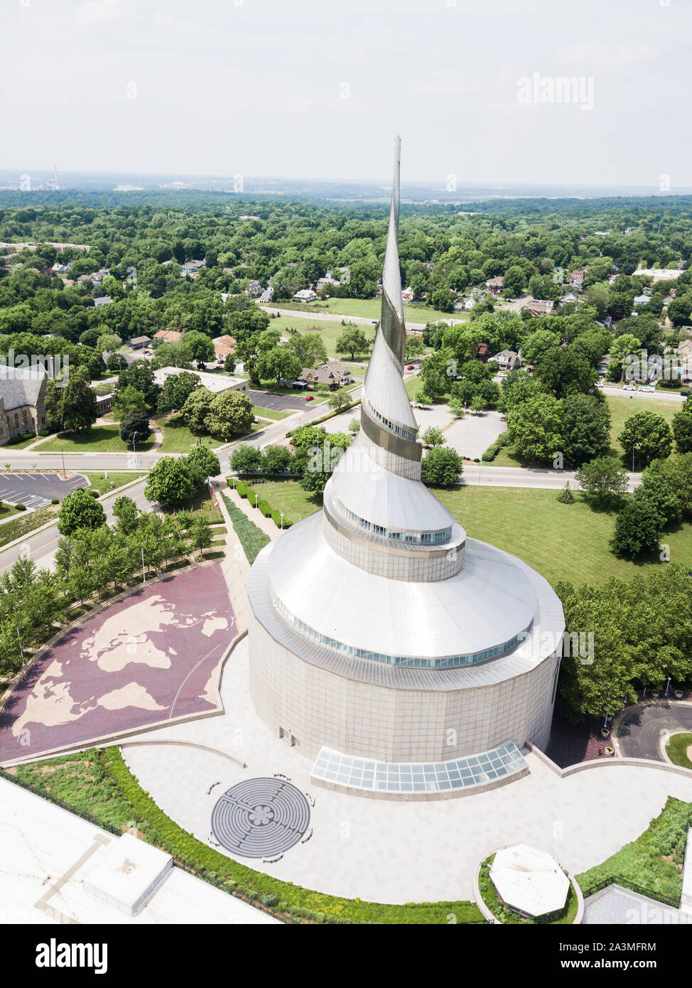 Aerial photograph of unique Community of Christ spiral temple in