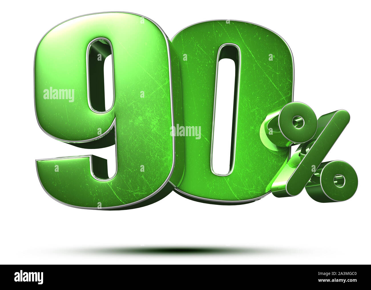 90 percent green 3d rendering on white background.(with Clipping Path