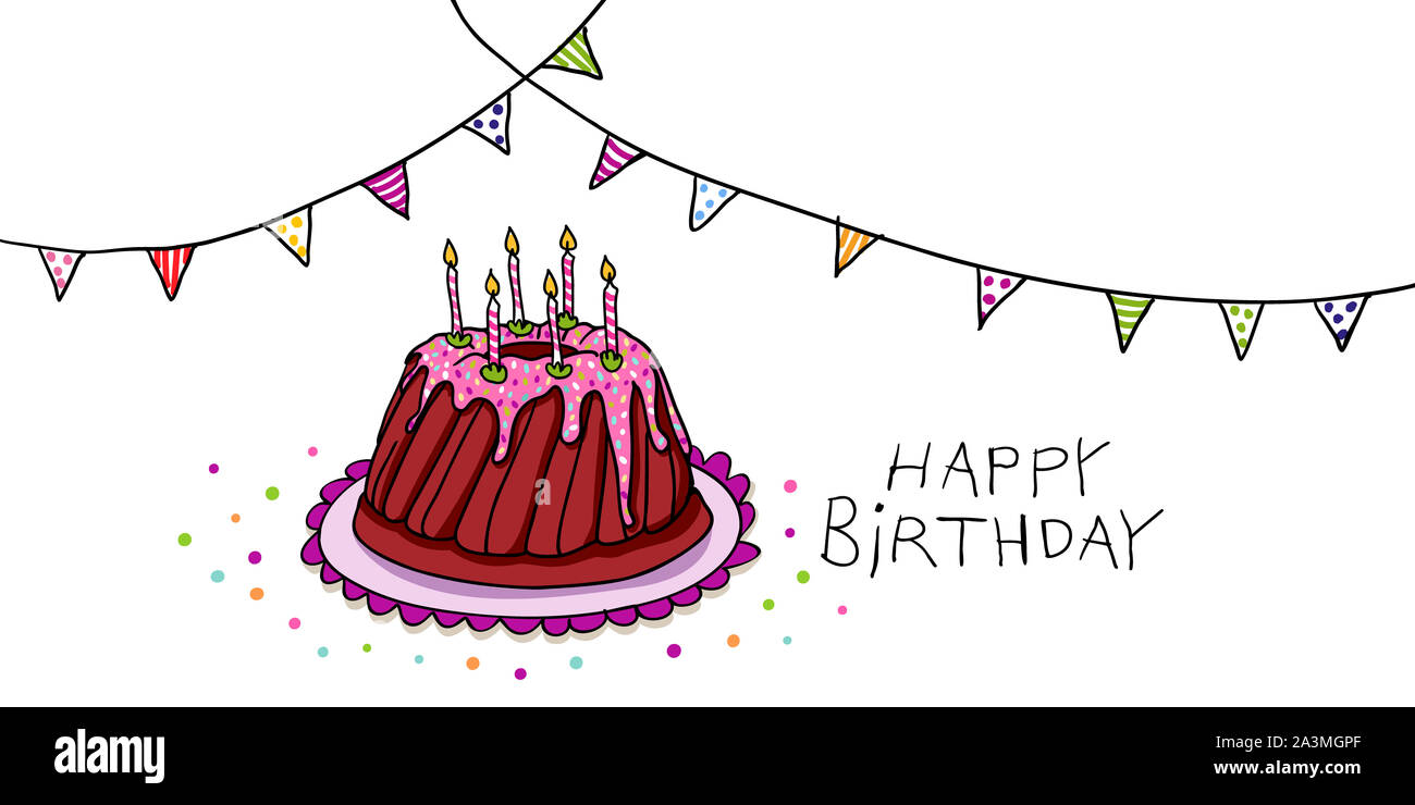 Colourful hand-drawn horizontal birthday card illustration with a birthday  cake surrounded by confetti and pennant and text: happy birthday Stock  Photo - Alamy