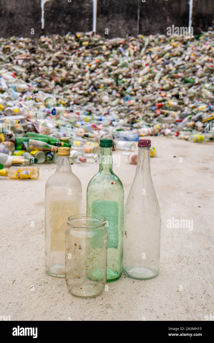 White glass bottles recycling yard Stock Photo Alamy