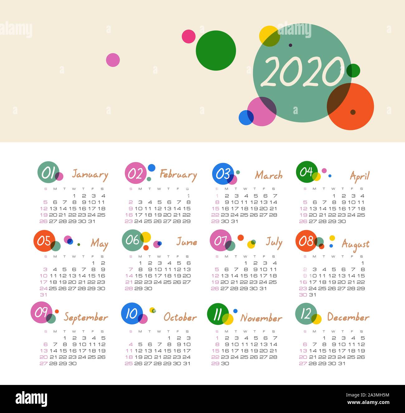 Calendar 2020 year. Color vector template. Week starts on Sunday. Basic grid. Ready design Stock Vector