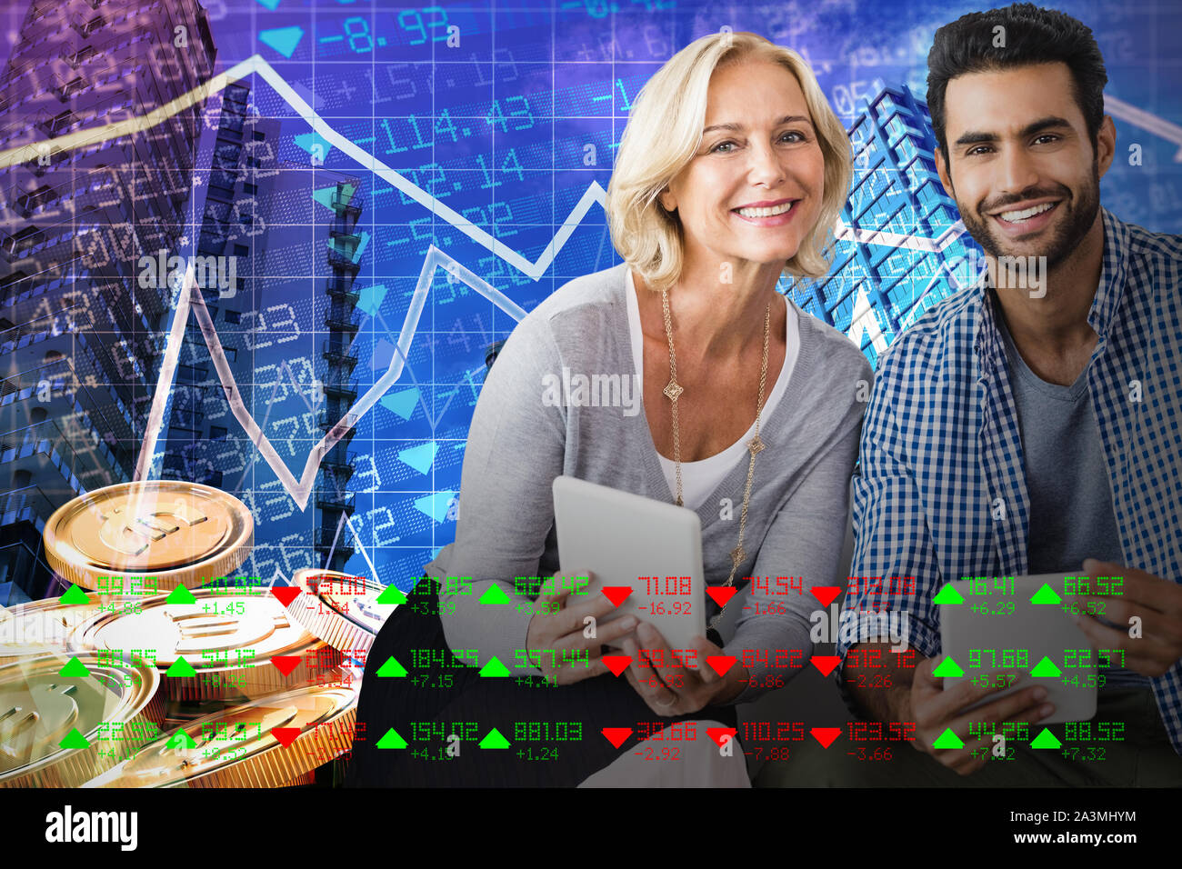 Composite image of smiling business people looking at camera Stock Photo