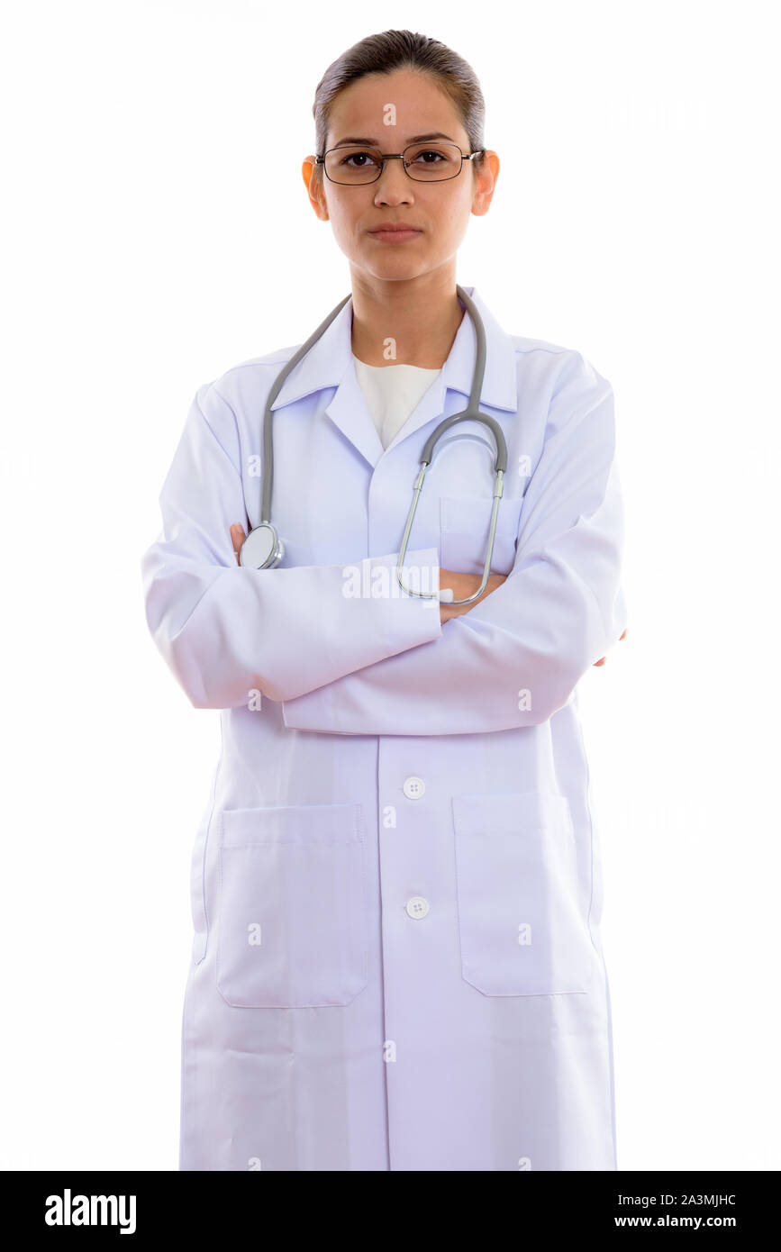 Studio shot of young beautiful woman doctor standing and wearing Stock ...