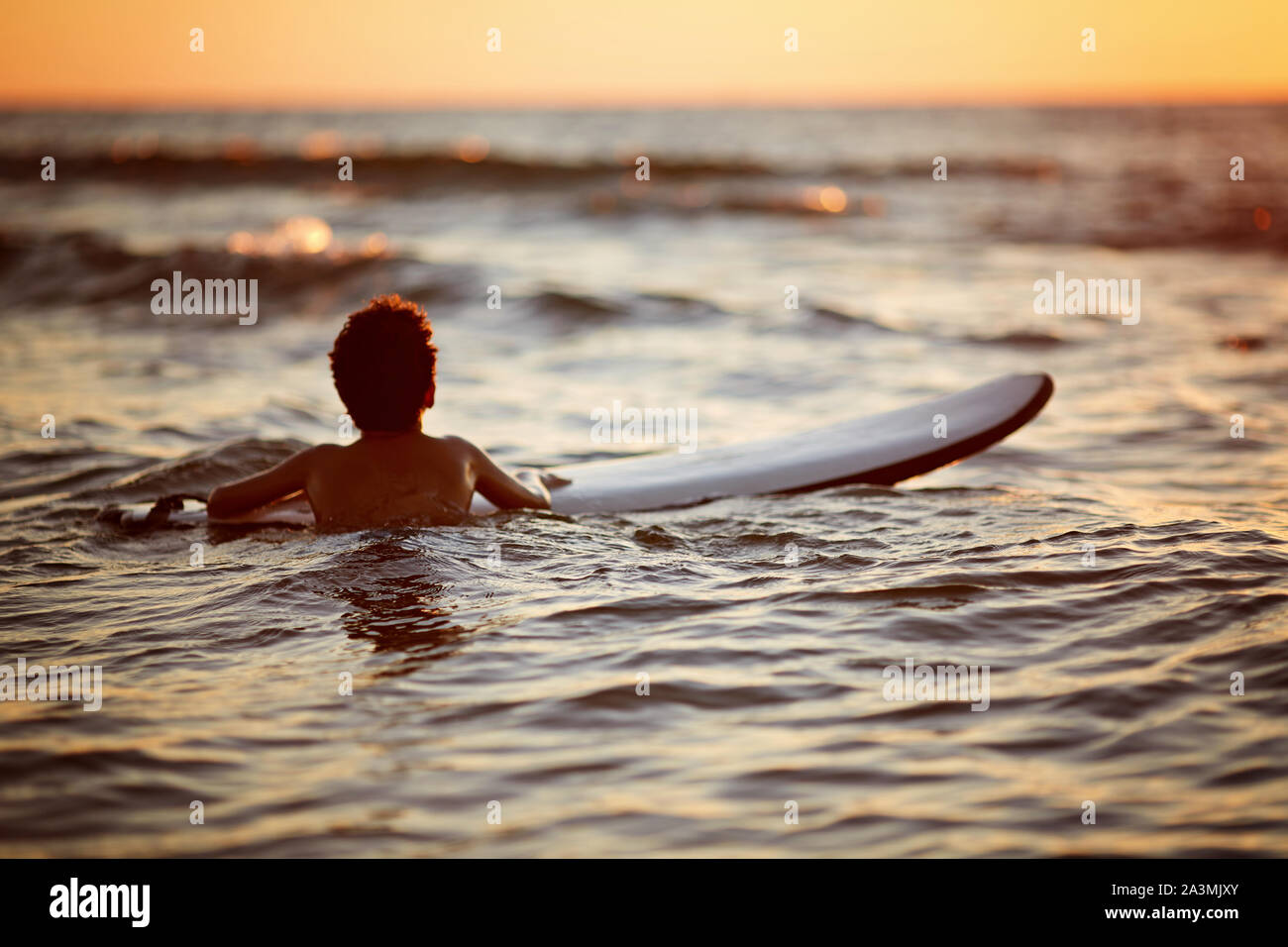 Young Man Riding Wave at Sunset. Outdoor Active Lifestyle. Surfing at Sunset Stock Photo