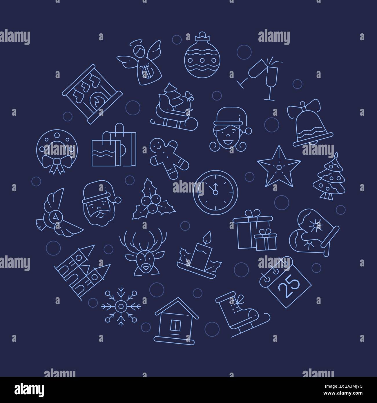 New year symbols in circle shape linear vector illustration Stock Vector