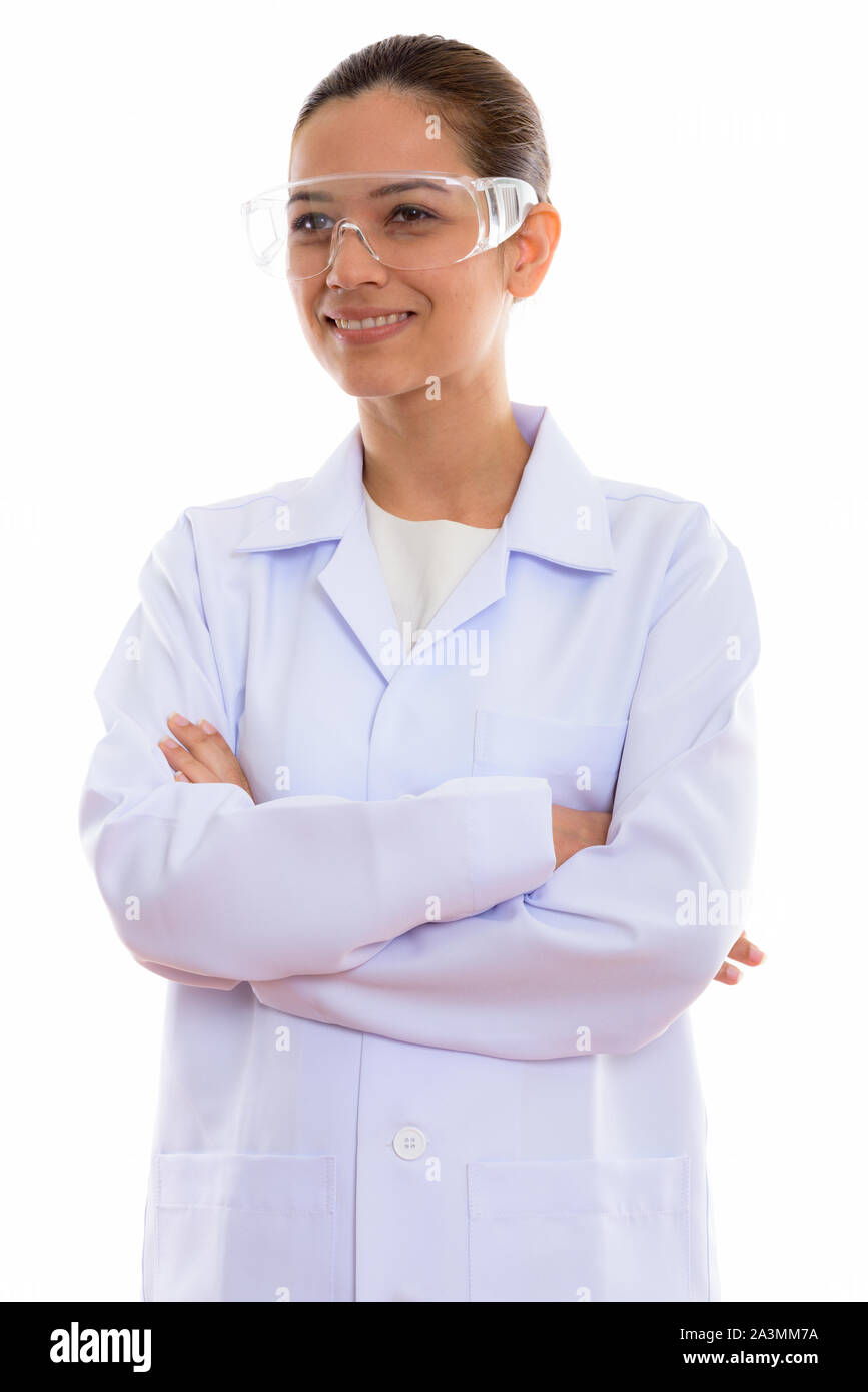 Thoughtful young happy woman doctor smiling while wearing protec Stock ...