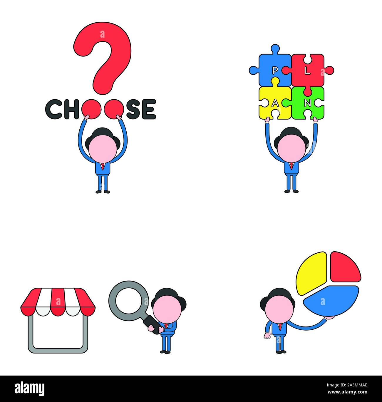 Vector illustration set of businessman mascot character holding up choose with question mark, four connected plan puzzle pieces, holding magnifying gl Stock Vector